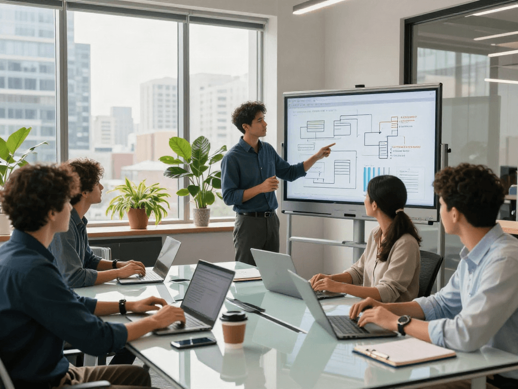 Collaboration d'équipe dynamique autour d'une table de verre dans un bureau moderne, mettant en valeur Atlas pro et l'innovation.